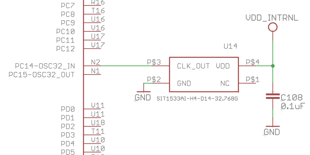 LSE (OSC32) connection example from OSD32MP1-RED (VDD_INTRNL = VDD output rail)