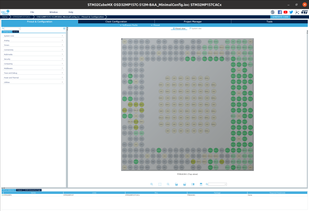 Figure 1 CubeMX Pinout & Configuration Window