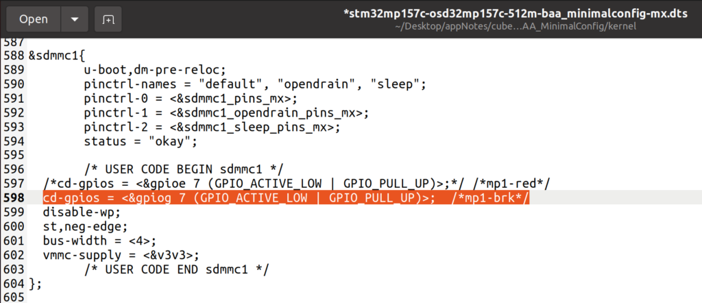 Figure 12 Updated chip detect pin assignment (highlighted) in sdmmc1 node of given linux device tree files to match BRK hardware