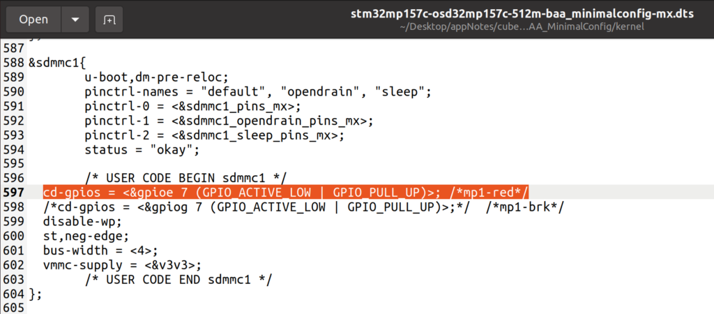 Figure 11 Declaration of chip detect pin (highlighted) in sdmmc1 node of given linux device tree files