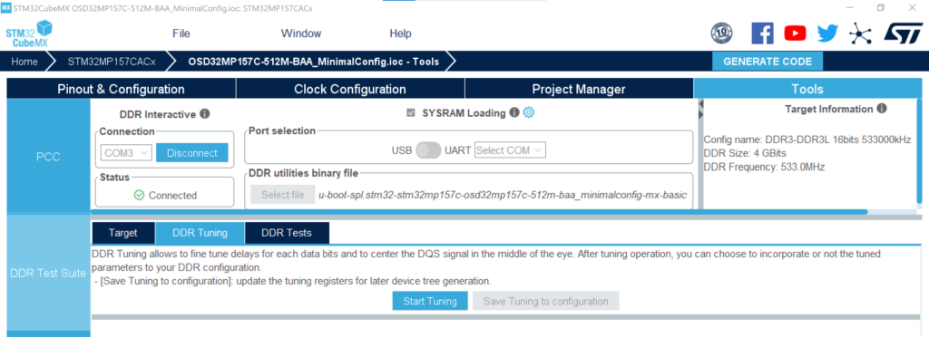 Figure 14 - CubeMX DDR Test Suite (DDR Tuning section highlighted)